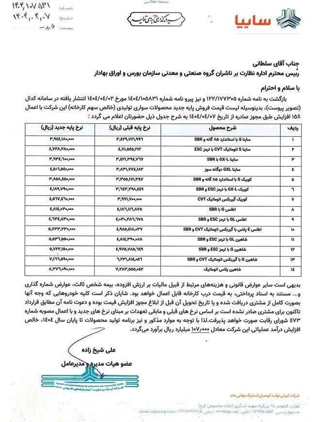 جدول قیمت جدید محصولات سایپا - ۸ تیر ۱۴۰۴