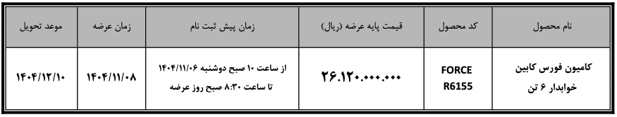 پیش ثبت نام کامیون فورس ۶ تن کابین خوابدار