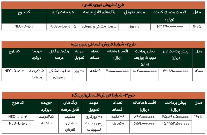 شرایط فروش نقد و اقساط لاماری نئو - شهریور ۱۴۰۵